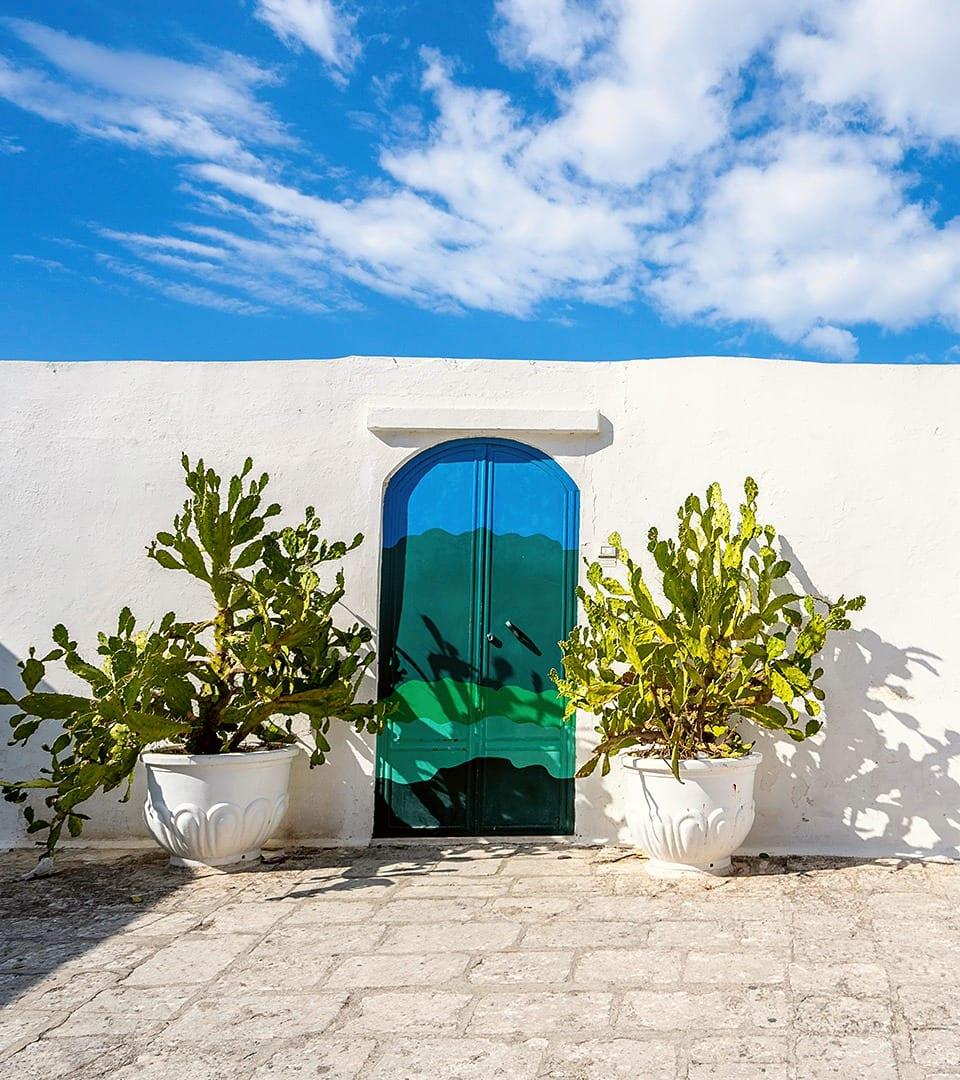 Una porta dipinta di verde e blu in un muro imbiancato, tra due piante in grandi vasi bianchi