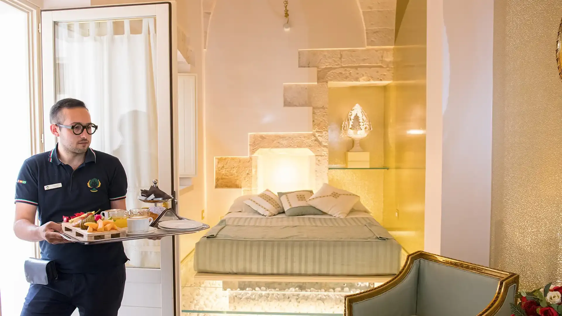 Elegant room with raised bed and room service.