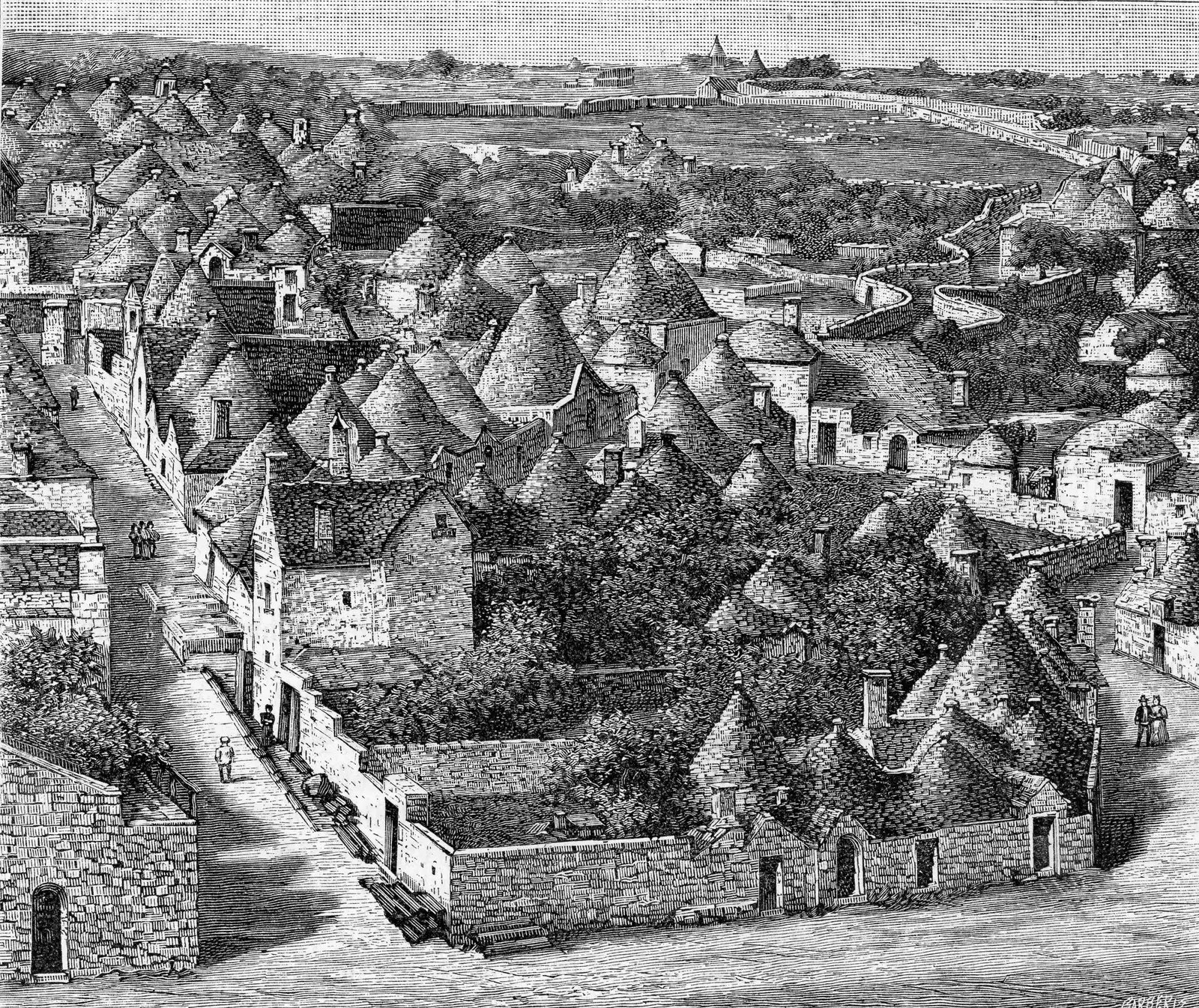 Wood engraving of 1898: Alberobello seen from above, with the conical roofs of the trulli, walled gardens and a lane with a few figures.